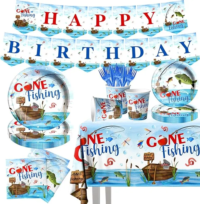 142 Pcs Gone Fishing Tableware,Fish<wbr/>ing Birthday Party Decoration Little Fishe...