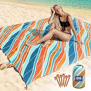 Everlasting Comfort Beach Blanket Waterproof Sandproof - Large Oversized Beach Mat for 10 People w/Stakes, Storage Bag - Beach Accessories for Family, Picnic, Concert, Travel