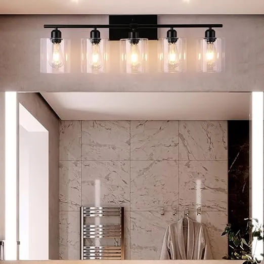 Large 5-Lights Bathroom Vanity Light Fixtures, Matte Black Bathroom Wall Lights, Modern Bathroom Lighting Fixtures with Clear Glass Shade, Farmhouse Wall Sconces Lighting for Bathroom