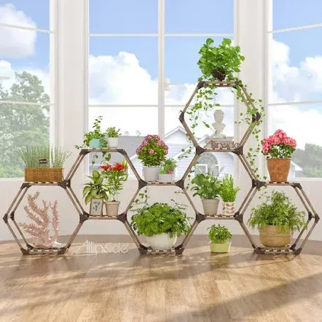 Allinside Hexagonal Plant Stand Indoor, Wood Outdoor Plant Shelf for Plants, 11 Potted Ladder Plant Holder Transformable Plant Pot Stand for Corner Window Garden Balcony Living Room - 11 Tiers