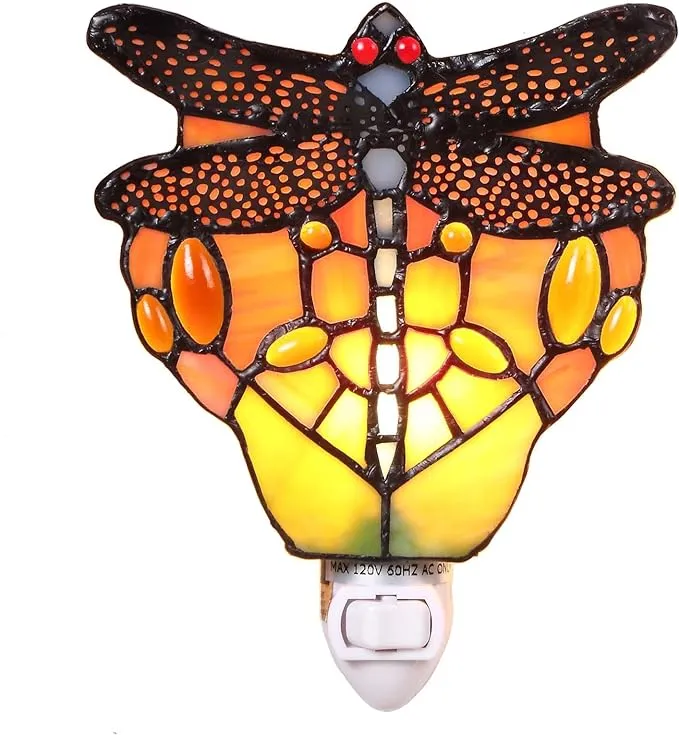 Tiffany Style Stained Glass Dragonfly Wall Lamp Plug-in Night Light Socket Decor