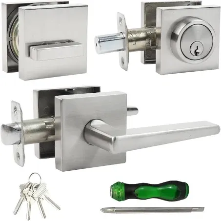 Front Door Handle and deadbolt Set,Passage Door Lever with Single Cylinder Deadbolt Lock Set, Square Heavy Duty Door Handle with Dead Bolt Locks for Exterior Doors(Brushed Nickel,1pack)