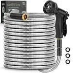 Itsonestep Garden Hose 50 ft, Metal Stainless Steel Water Hose with 10 Function Nozzles, No Kinks, Flexible Hose, Lightweight, Puncture Proof, Heavy