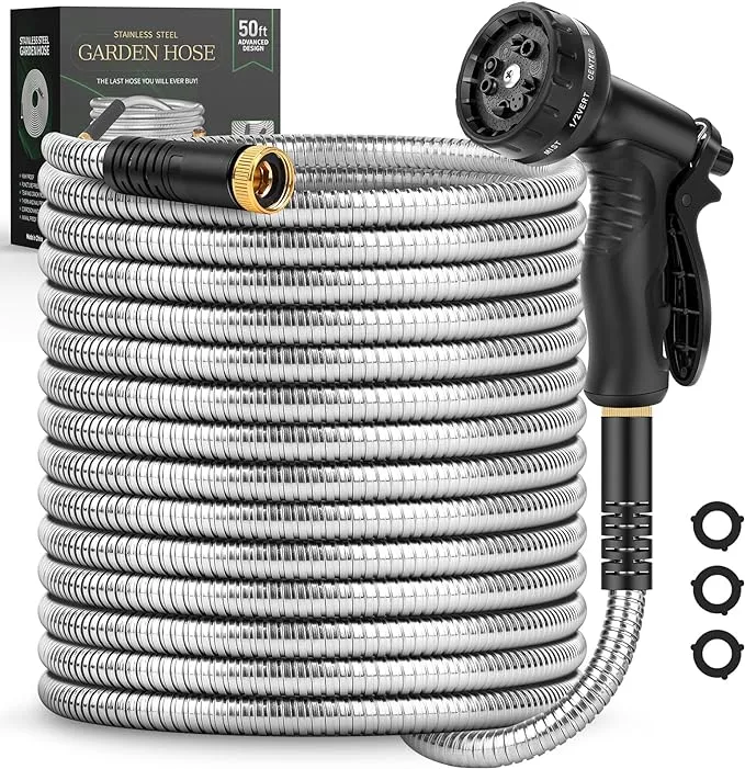 Itsonestep Garden Hose 50 ft, Metal Stainless Steel Water Hose with 10 Function Nozzles, No Kinks, Flexible Hose, Lightweight, Puncture Proof, Heavy