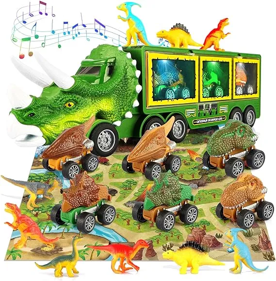 Bluejay 21 Pack Dinosaur Toys for Kids 3-7, Dinosaur Truck with Oversized Dinosaur Map, Flashing Lights, Music and Roaring Sound, Kids Toys with 6