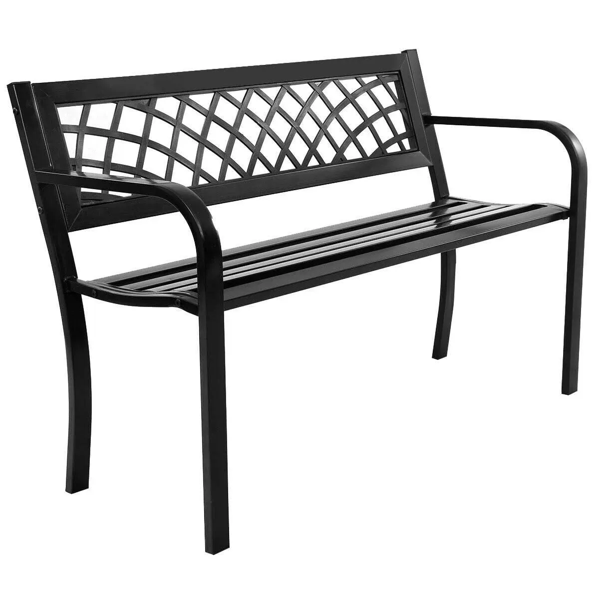 Giantex Patio Garden Bench Loveseats Park Yard Furniture Decor Cast Iron Frame Black (Black Steel W/ PVC Mesh Pattern)