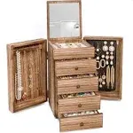 Meangood Jewelry Box Wood for Wowen, 5-Layer Large Organizer Box with Mirror & 4 Drawers for Rings, Earrings, Necklaces, Vintage Style Torched Wood