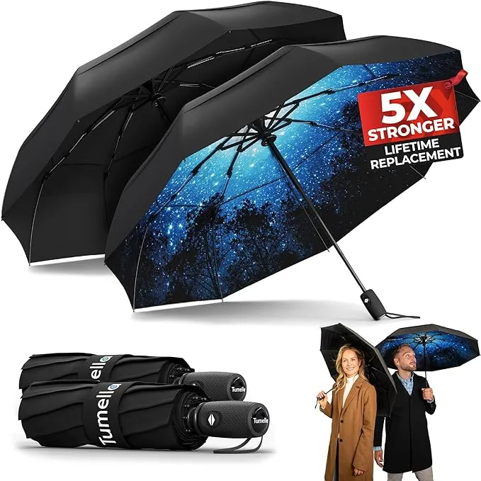 TUMELLA Strongest Windproof Travel Umbrella (Compact, Superior & Beautiful), Small Strong but Light Portable and Automatic Folding Rain Umbrella, Durable Premium Grip, Fits Car & Backpack