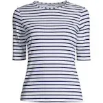 Lands' End Women's Long Crew Neck Rash Guard UPF 50 Sun Protection Swim Tee - Small - White/Deep Sea Stripe