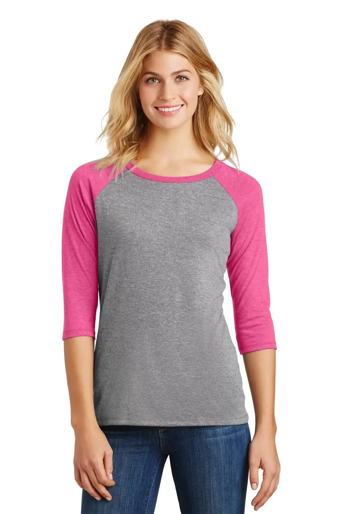 District Women's Perfect Tri 3/4-Sleeve Raglan. DM136L, Black/ Black Frost