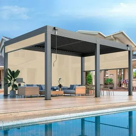 Erommy Outdoor Louvered Pergola with Adjustable Aluminum Rainproof Roof and Pull-Down Screen