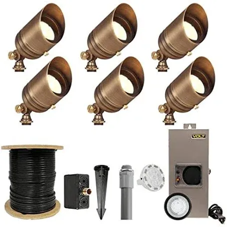 VOLT 12V Brass Fat Boy LED Outdoor Spotlight 6-Pack Kit (Bronze) with 150W Low Voltage Transformer for Landscape Lighting