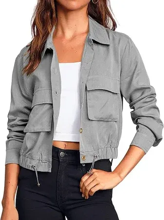 Onedreamer Women&#039;s Military Safari Cropped Jackets Button Down Lightweight Overs