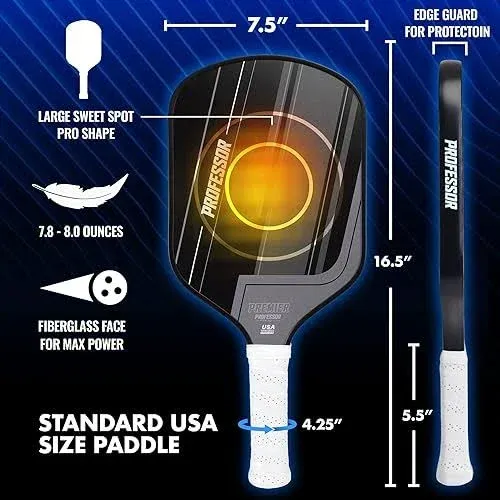 Professor Pickleball Paddles Set of 2 Lightweight Fiberglass Surface Paddles with Large Sweet Spot - 2025 USAPA Approved Pickleball Set with 4 Balls, Carrying Bag & Grips