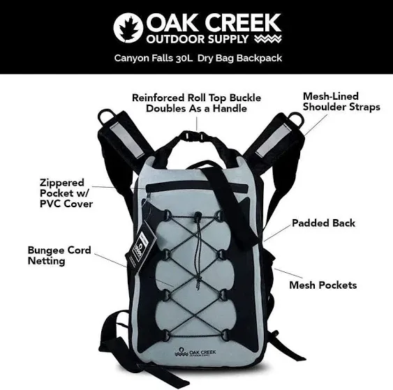 Oak Creek Canyon Falls 30L Dry Bag Backpack. Premium Waterproof Backpack with Pa