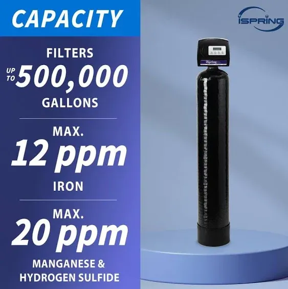 iSpring WCFM500K Iron, Manganese and Hydrogen Sulfide Water Filtration System, Whole House, Set and Forget, Last Up to 10 Years