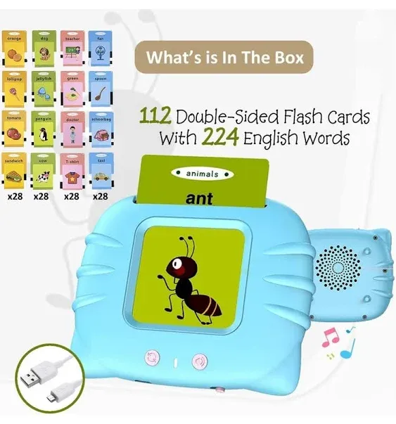 Talking Flash Cards for Children, 112 Cards and 224 Sight Words, Speech Therapy and Travel Toys for Kids, Autism Reading Machine, Preschool Educational Montessori Toys, Learning Animals Shape Color