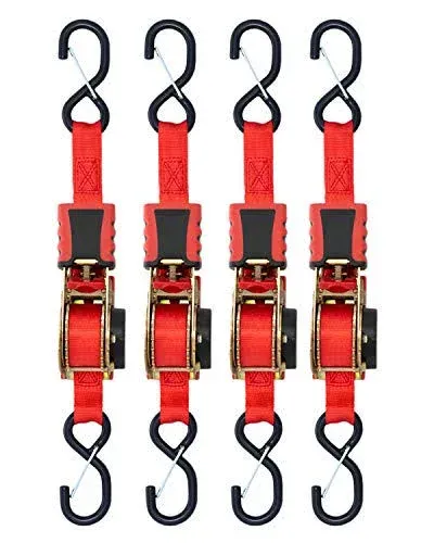 Strapinno 4pcs Retractable Ratchet Straps Bundle (1-in x 6-ft), Secure Tie-Downs with Rubber-Coated Steel Handles, S-Hooks & Durable Hardware for