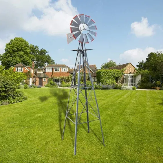 8FT Windmill Yard Garden Metal Ornamental Wind Mill Weather Vane Weather Decoration for Home, Backyard,Grey