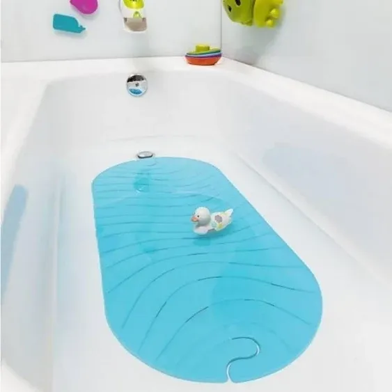 Boon B11192 RIPPLE Textured Non Slip Baby Bath Tub Mat with Hanging Hook and Drain Holes, Blue