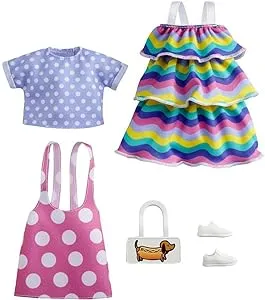 Barbie Fashions 2-Pack Clothing Set, 2 Outfits Doll Include Pink Polka-Dot Jumper, Purple Polka-Dot Top, Striped Dress & 2 Accessories, Gift for Kids 3 to 8 Years Old, White