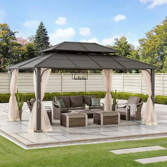 Sunjoy 12x16' Hardtop Gazebo, Heavy Duty Steel Frame Metal Gazebo, Double Tiered ...