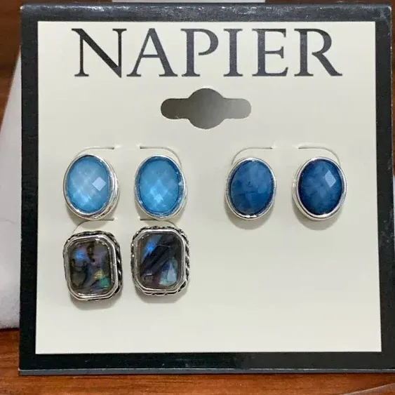 Napier Silver Tone Blue Simulated Stone Stud Earrings Set