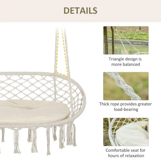 2-Person Hammock Chair Macrame Swing with Soft Cushion, Hanging Cotton Rope Chair for Indoor Outdoor Home Patio Backyard, White