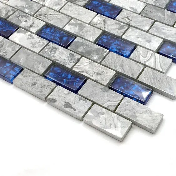 Navy Blue and Gray Glass Stone Tile in 1x2 Subway Pattern Polished Marble Mosaic for Kitchen Backsplashes Accent Walls and Bathroom Shower Tiles (5 Square Feet)