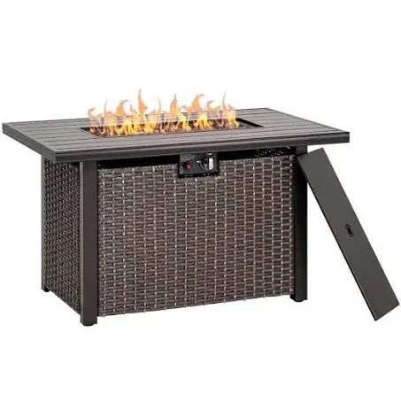 43 in. Aluminum Wicker Propane Gas Fire Pit Table, 50000 BTU, Brown