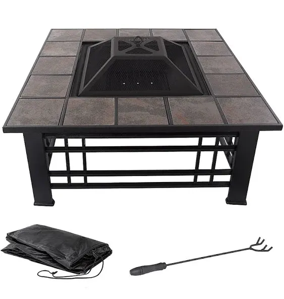 Pure Garden - Fire Pit Set, Wood Burning Pit Includes Spark Screen and Log Poker Great for Outdoor and Patio, 32” Square Tile Firepit - Black and Orange Marbled