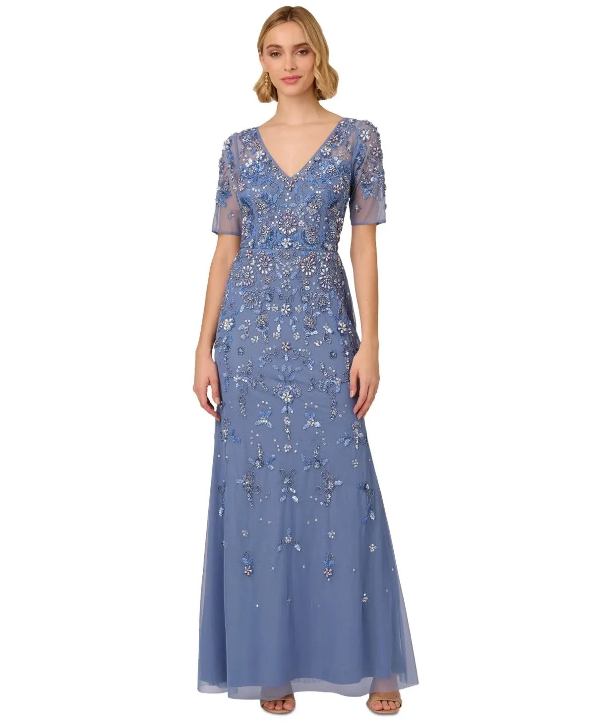 3D Floral Beaded Mermaid Gown With Sheer Short Sleeves In French Blue