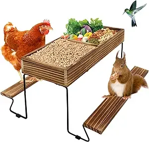 Chicken Feeder Table, Squirrel Feeder, Bird Feeder, Chicken Coop Accessories, Wood Chicken Picnic Table for Outside, Poultry Feeder Table with Mesh Bottom, for Chicken Squirrel Rabbits Birds Duck Pets