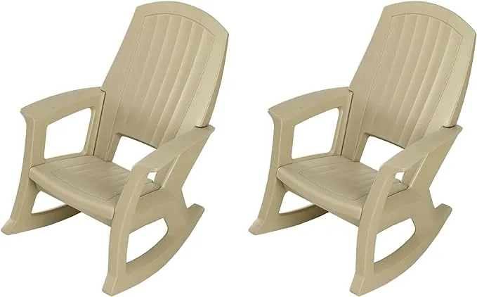 Plastics Rockaway Heavy-Duty All-Weather Plastic Outdoor Porch Rocking Chair for Home Deck and Backyard Patios, Tan (2 Pack)