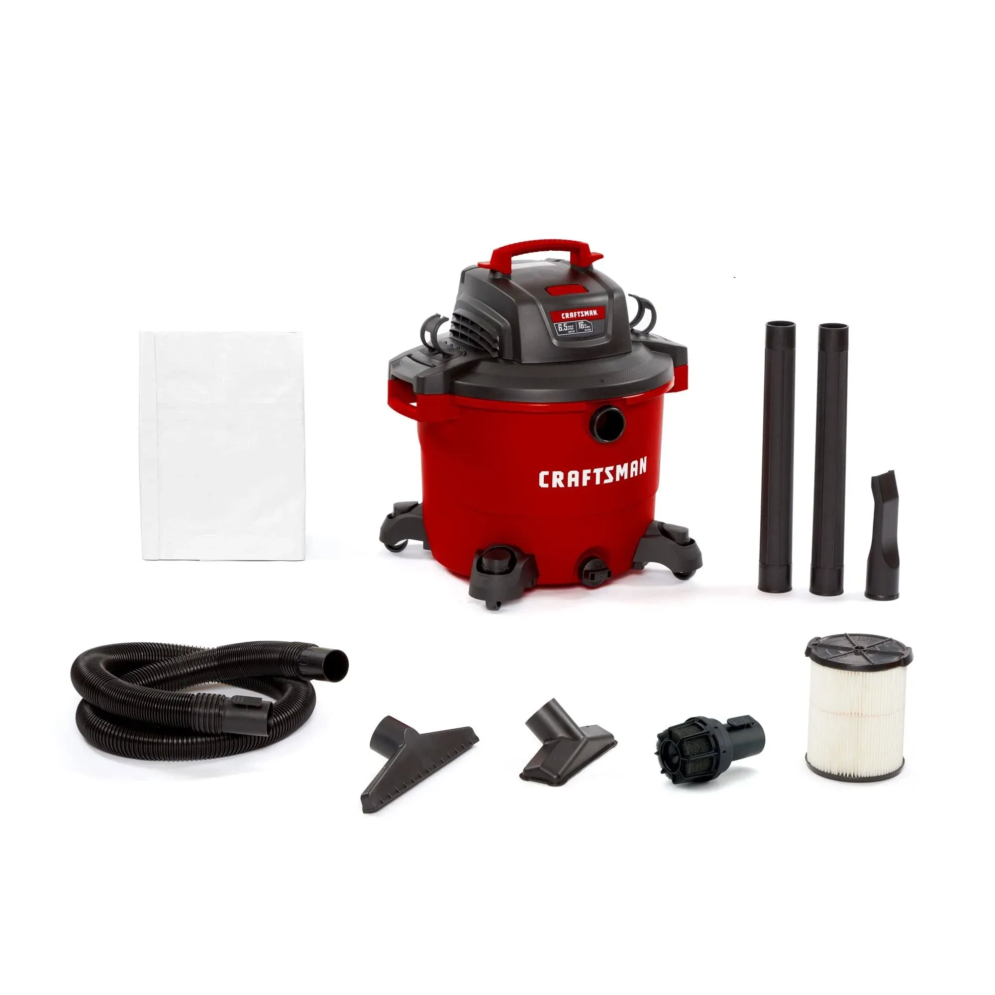 CRAFTSMAN CMXEVBE18695 16 Gallon 6.5 Peak HP Wet/Dry Shop Vac, Heavy-Duty Shop Vacuum Wet and Dry with Filter, Muffler/Diffuser, Dust Bag, Hose and Attachments for Home Projects & Renovations