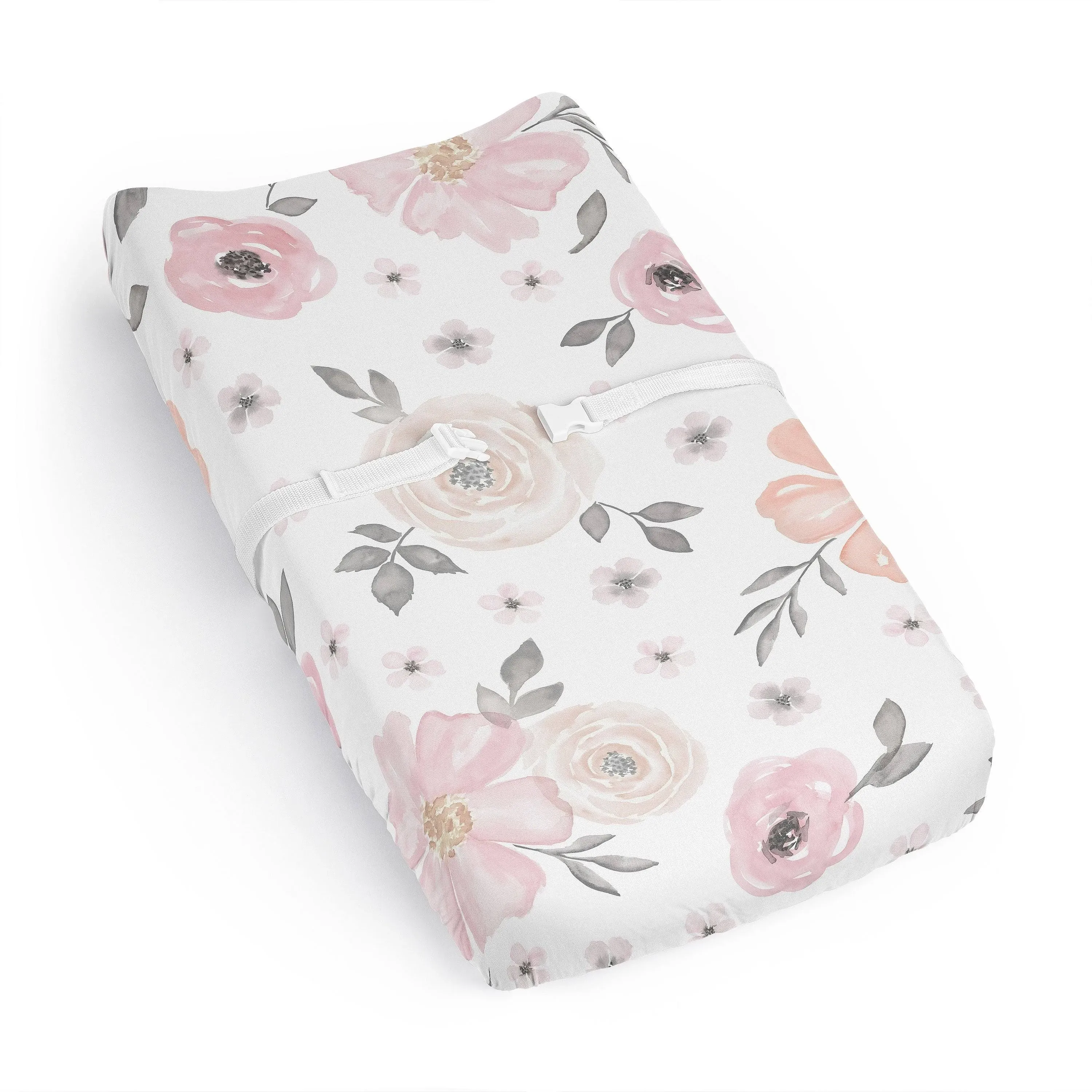 Sweet Jojo Designs Girl Changing Pad Sheet Watercolor Floral Pink and Grey