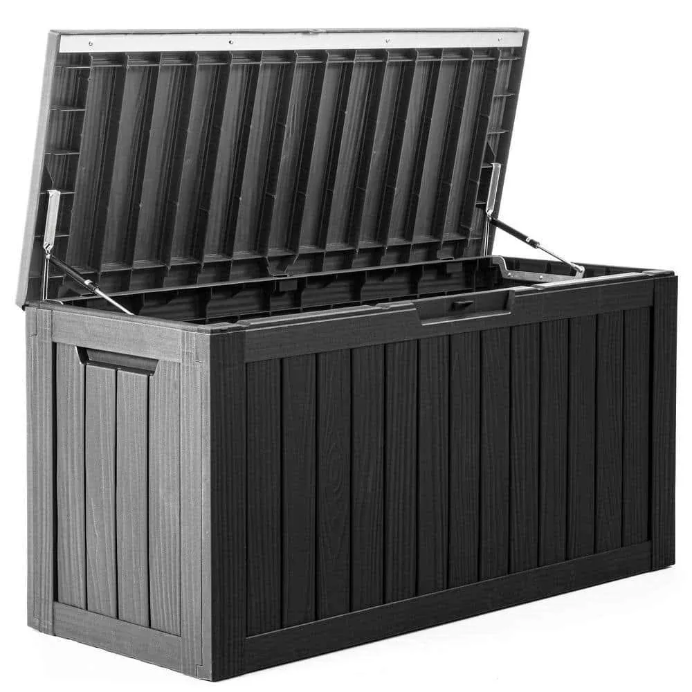 Pamapic Outdoor Storage Deck Box 80-Gal Resin Wood Look Black, Lockable Lid