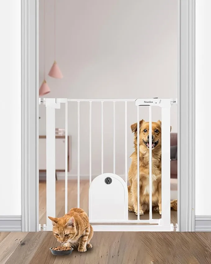 Newnice 26.7-29.5'' Narrow Baby Gate with Cat Door, Auto Close & Easy Walk Thru Dog Pet Gates for Stairs, Doorway, House, Pressure Mounted Safety Child Gate Includes 4 Wall Cups, NO Extensions, White