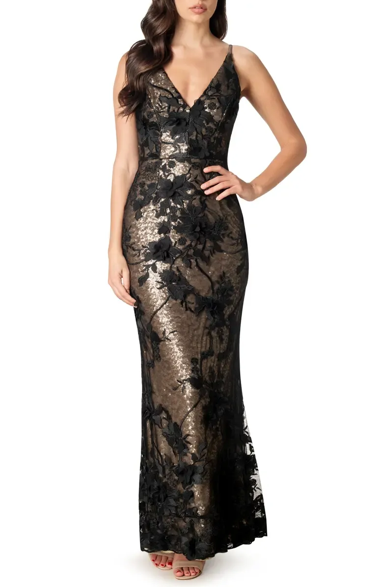 Dress The Population Women's Sharon Lace Overlay Gown