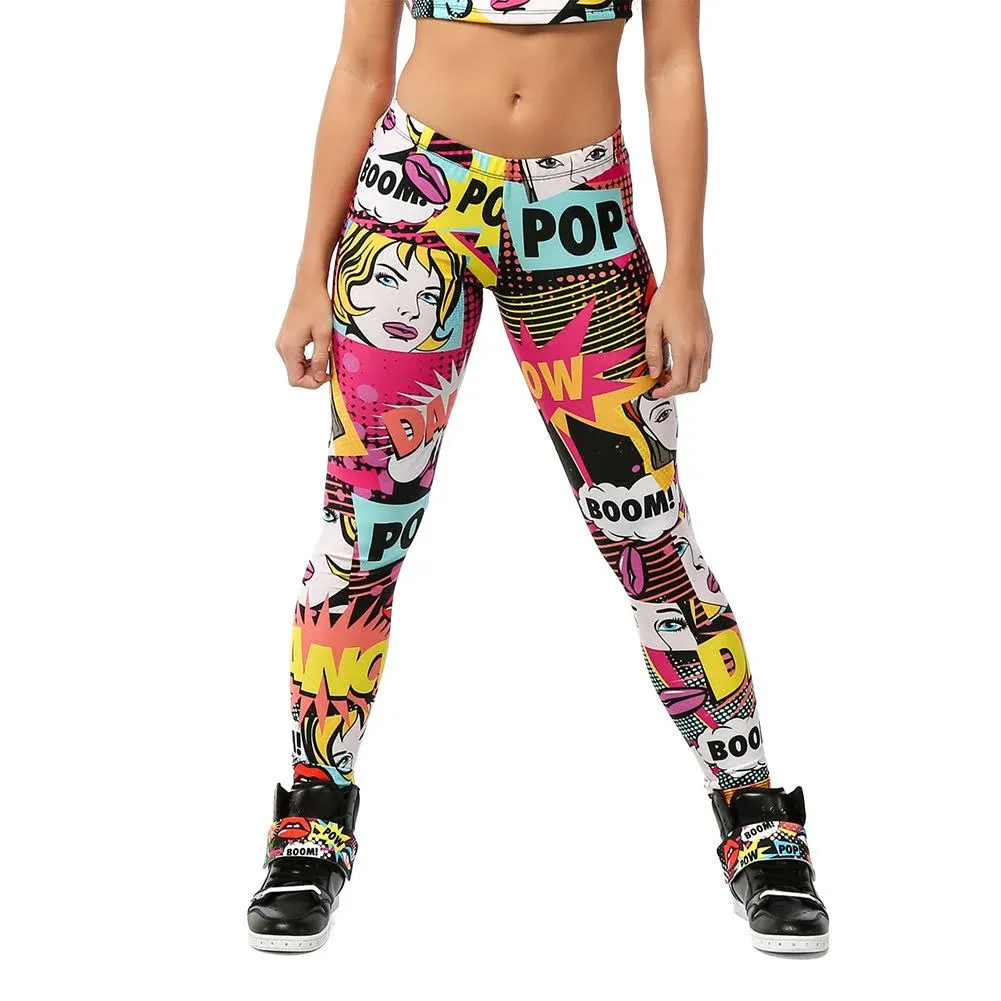 Alexandra Collection Womens Pow! Pop Art Printed Athletic Workout Leggings Pink Large