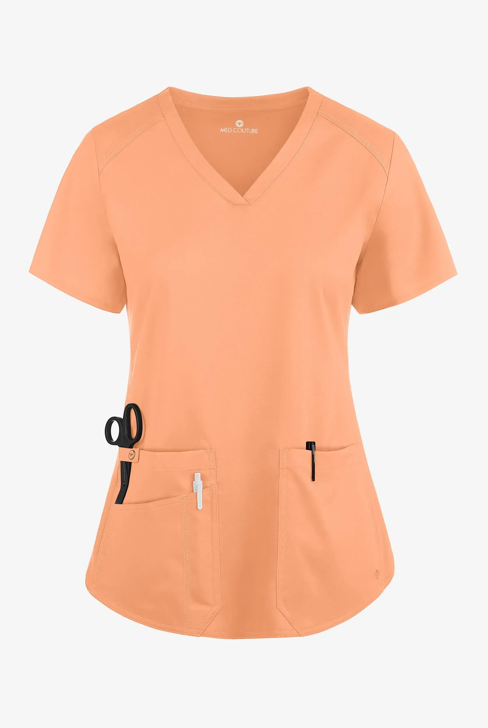 "Med Couture Touch Women's 3-Pocket STRETCH Rib-Knit Side Panels Shirttail V- Neck Scrub Top"