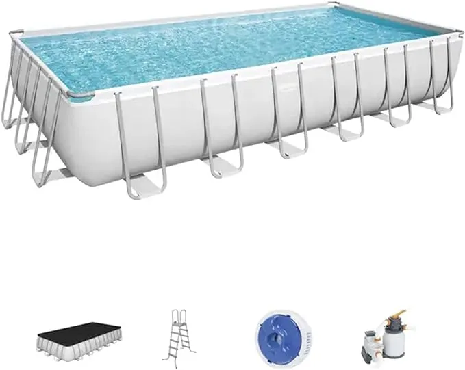 Bestway Power Steel 24' x 12' x 52" Rectangular Metal Frame Above Ground Swimming Pool Set with 1500 GPH Sand Filter Pump, Ladder, and Pool Cover