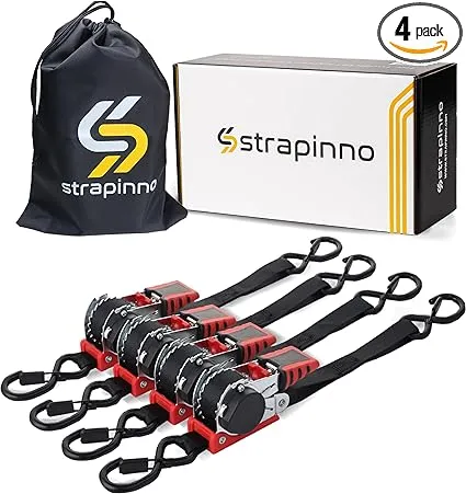 Strapinno Retractable Ratchet Straps 1 in x 10 ft, Secure Tie-Downs with Rubber-Coated Steel Handles, for Motorcycle, Jetski, Kayak, Breaking Strength 1,500LBS/680KG