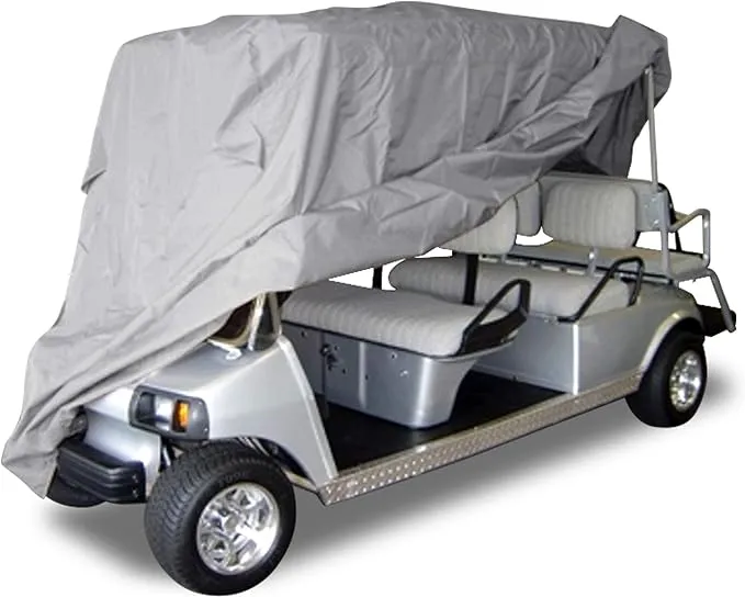 Formosa Covers | Deluxe 6 Seater Golf Cart Cover fits E Z GO, Club Car Limo, Yamaha, Polaris Gem e4 Model, Icon i60L - Stays Put in Wind and Rain - Storage Bag Included (Grey)