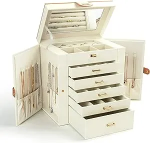 KAMIER Jewelry Box for Women, 6-Layer Large Jewelry Holder Organizer Box with Mirror & 5 Drawers for Rings, Earrings, Necklaces, Bracelets,White