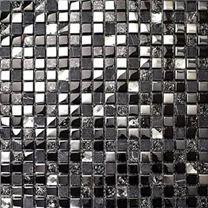 5-Sheets Glass Marble Wall Tile, Grey and Black Rhinestone Backsplash for Kitchen, Silve Coating and Crackled Crystal Mosaic Bathroom Tiles KS66B