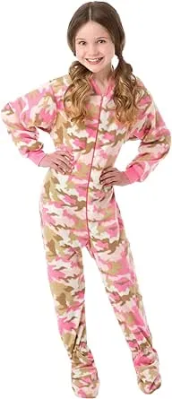 BIG FEET PAJAMA CO. Pink Camo One Piece Girls Youth Kids Footed Onesie Fleece Footie Pajamas