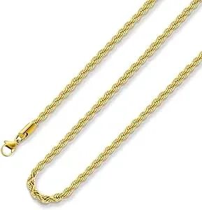 18k Real Gold Plated Rope Chain 1.5mm 2.5mm 5mm Stainless Steel Twist Chain Necklace for Men Women 16 Inches 36 Inches