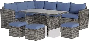 Solaste 7 Piece Furniture Furnitrue Set Outdoor Sectional PE Rattan Patio Conversation, Blue