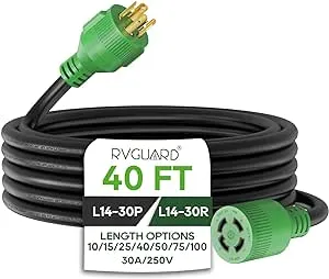 RVGUARD 4 Prong 30 Amp 40 Foot Generator Extension Cord, NEMA L14-30P/L14-30R, 125/250V Up to 7500W 10 Gauge SJTW Generator Cord with Cord Organizer, ETL Listed